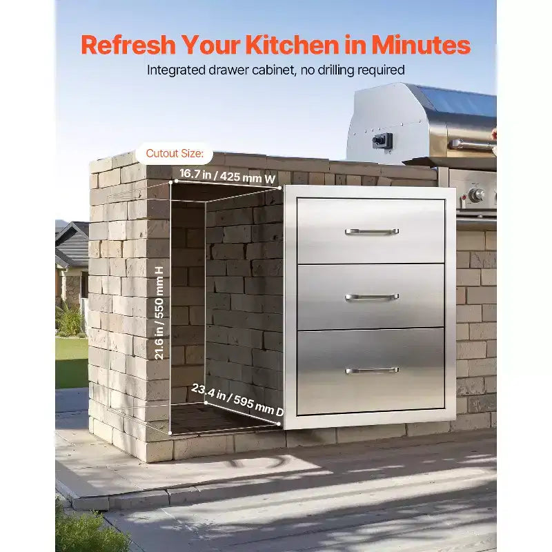 Tiroirs de cuisine extérieure 18,11L x 23,23P x 23,23H, tiroirs de barbecue en acier inoxydable à triple accès avec poignées, argent