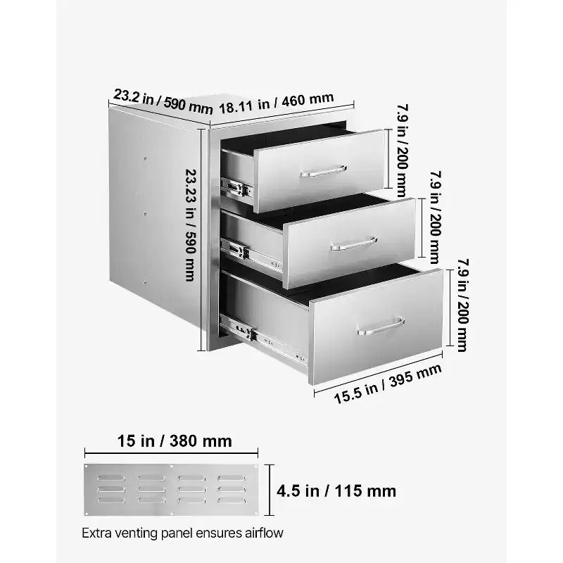 Tiroirs de cuisine extérieure 18,11L x 23,23P x 23,23H, tiroirs de barbecue en acier inoxydable à triple accès avec poignées, argent