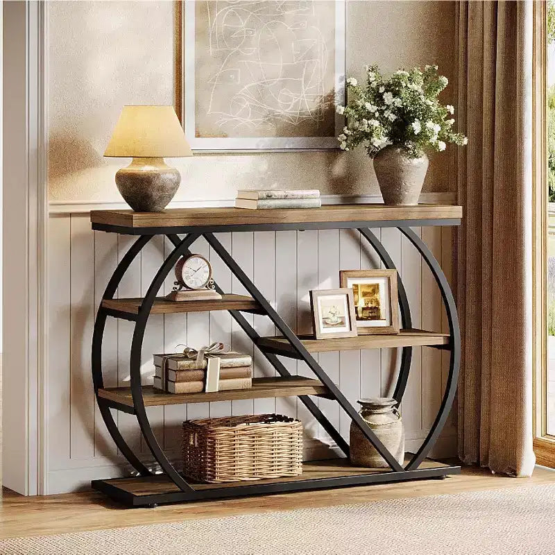 Lantine 41.3 Console Table, 5-Tier Industrial Entryway Table with Storage Shelves and Arched Metal Frame, Wood Hallway Table for Foyer