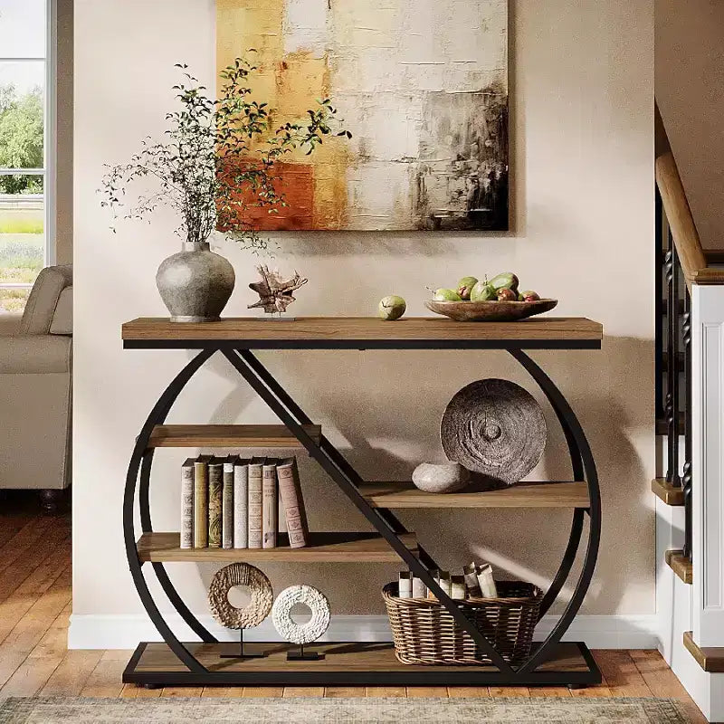 41.3 Table console, table d'entrée industrielle à 5 niveaux avec étagères de rangement et cadre métallique arqué, table de couloir en bois pour le foyer