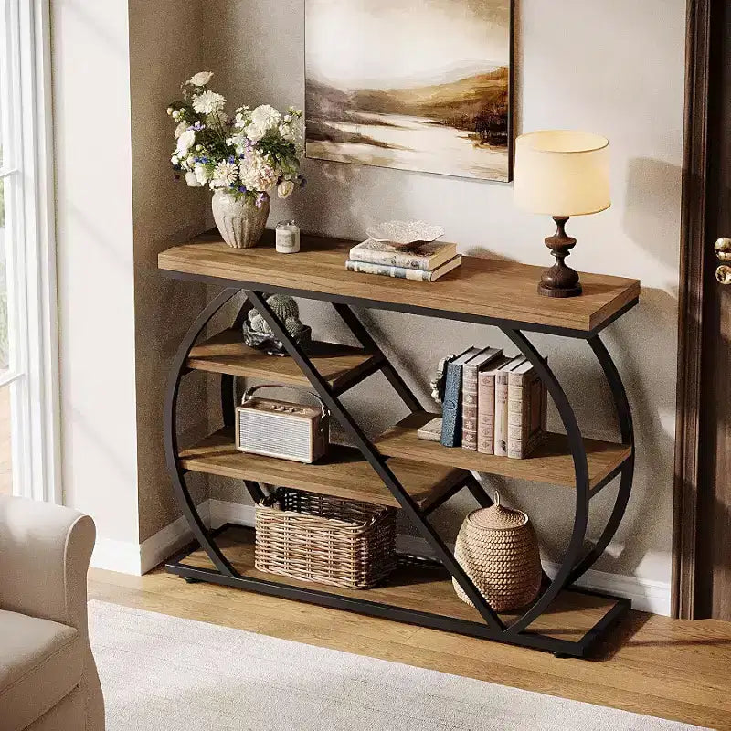41.3 Table console, table d'entrée industrielle à 5 niveaux avec étagères de rangement et cadre métallique arqué, table de couloir en bois pour le foyer