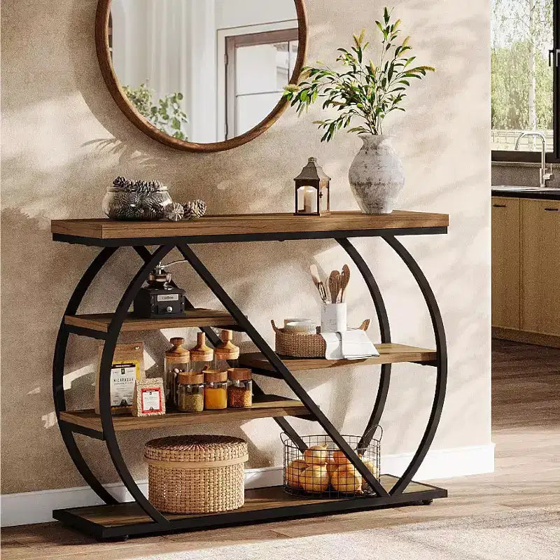 41.3 Table console, table d'entrée industrielle à 5 niveaux avec étagères de rangement et cadre métallique arqué, table de couloir en bois pour le foyer