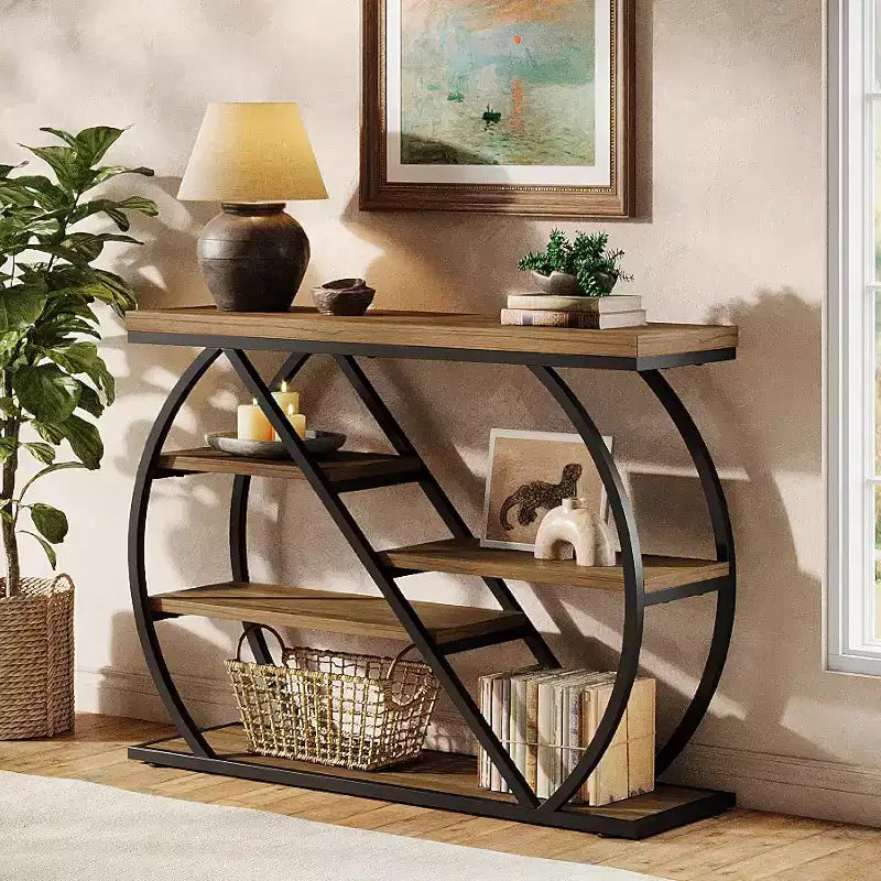 41.3 Table console, table d'entrée industrielle à 5 niveaux avec étagères de rangement et cadre métallique arqué, table de couloir en bois pour le foyer