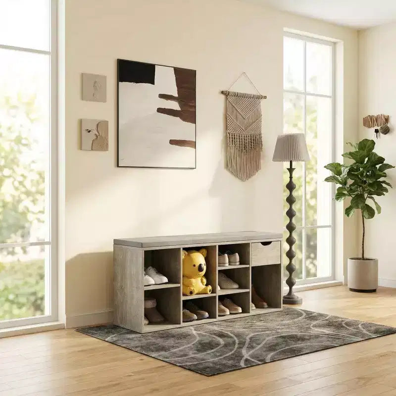 FurnitureR Storage Bench with Cushion, Drawer and 3-Tier Shoe Rack, Entryway Shoe Storage Bench, Gray, 40.9L