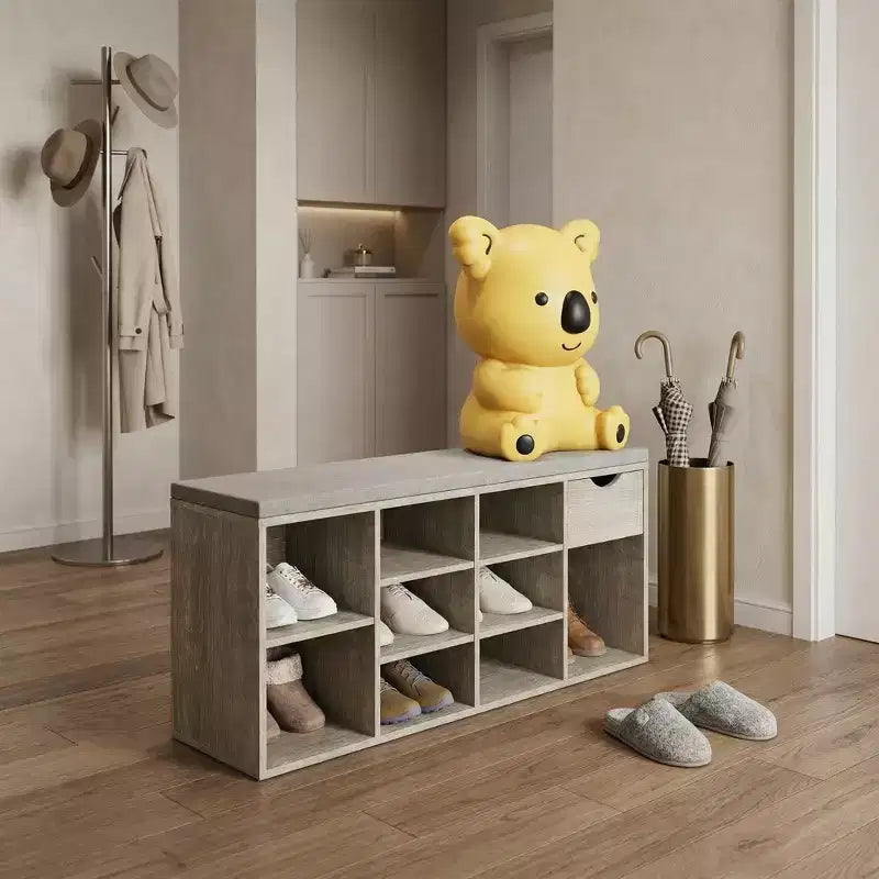 Banc de rangement avec coussin, tiroir et étagère à chaussures à 3 niveaux, banc de rangement à chaussures pour entrée, gris, 103,9 cm (L)