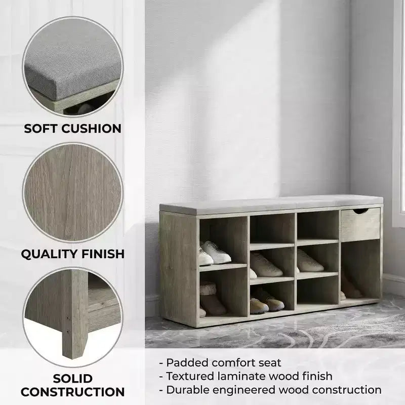 Banc de rangement avec coussin, tiroir et étagère à chaussures à 3 niveaux, banc de rangement à chaussures pour entrée, gris, 103,9 cm (L)