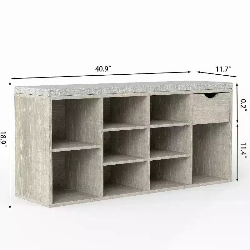 Banc de rangement avec coussin, tiroir et étagère à chaussures à 3 niveaux, banc de rangement à chaussures pour entrée, gris, 103,9 cm (L)