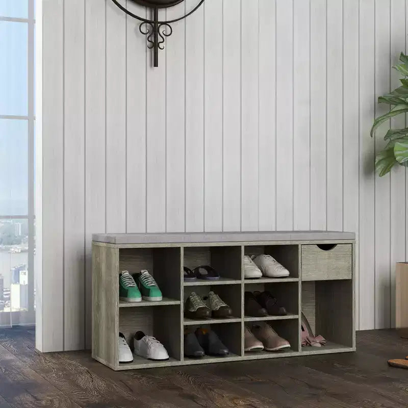Banc de rangement avec coussin, tiroir et étagère à chaussures à 3 niveaux, banc de rangement à chaussures pour entrée, gris, 103,9 cm (L)