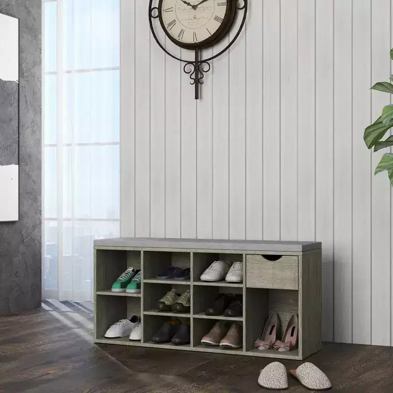 Banc de rangement avec coussin, tiroir et étagère à chaussures à 3 niveaux, banc de rangement à chaussures pour entrée, gris, 103,9 cm (L)