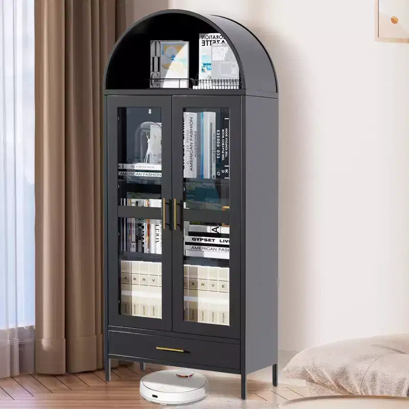 COZONY 73 Arched Metal Storage Cabinet w/Glass Doors and Drawers, Tall Pantry Display Cabinet w/Adjustable Shelves