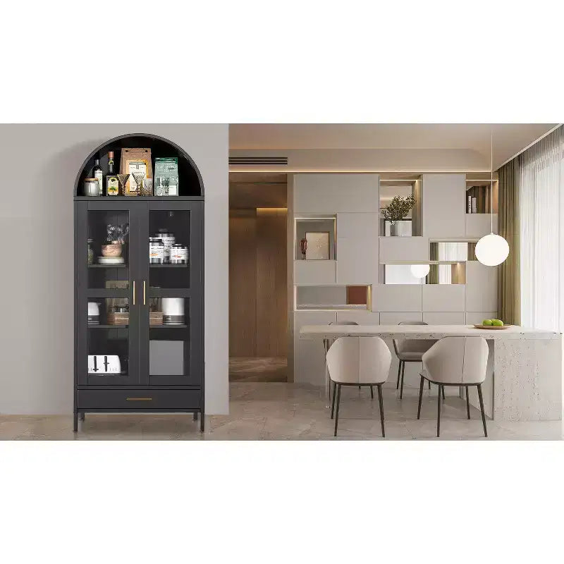 Meuble de rangement en métal voûté de 73" avec portes vitrées et tiroirs, Grand garde-manger/vitrine avec étagères réglables