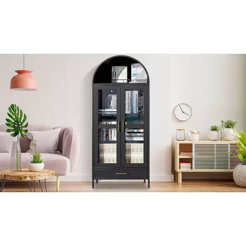 Meuble de rangement en métal voûté de 73" avec portes vitrées et tiroirs, Grand garde-manger/vitrine avec étagères réglables