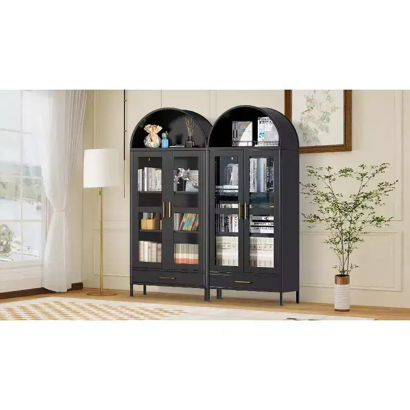Meuble de rangement en métal voûté de 73" avec portes vitrées et tiroirs, Grand garde-manger/vitrine avec étagères réglables