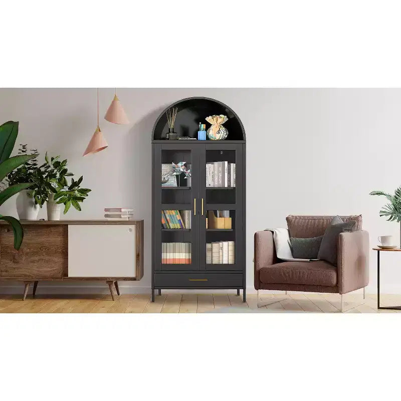 Meuble de rangement en métal voûté de 73" avec portes vitrées et tiroirs, Grand garde-manger/vitrine avec étagères réglables