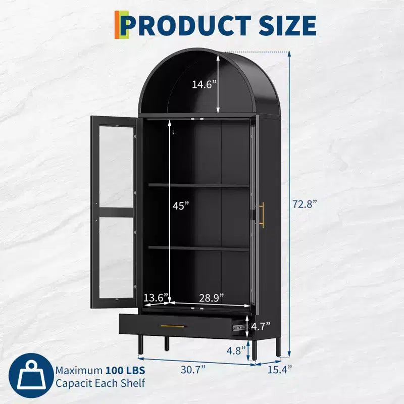 Meuble de rangement en métal voûté de 73" avec portes vitrées et tiroirs, Grand garde-manger/vitrine avec étagères réglables