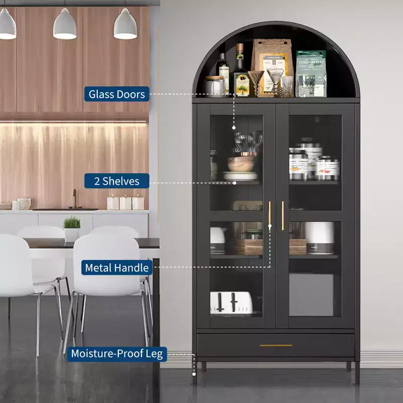 Meuble de rangement en métal voûté de 73" avec portes vitrées et tiroirs, Grand garde-manger/vitrine avec étagères réglables