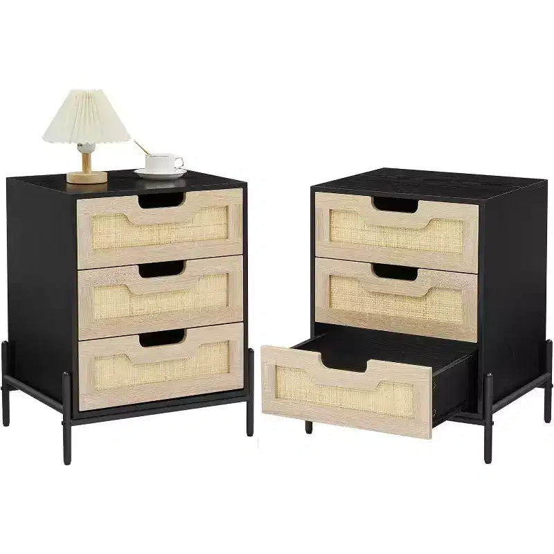 2 Pack Rattan Nightstand with 3 Drawers, Metal Legs, Farmhouse Boho Bedside Table, Sturdy for Bedroom Small Spaces