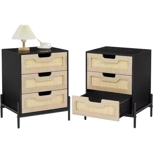 2 Pack Rattan Nightstand with 3 Drawers, Metal Legs, Farmhouse Boho Bedside Table, Sturdy for Bedroom Small Spaces