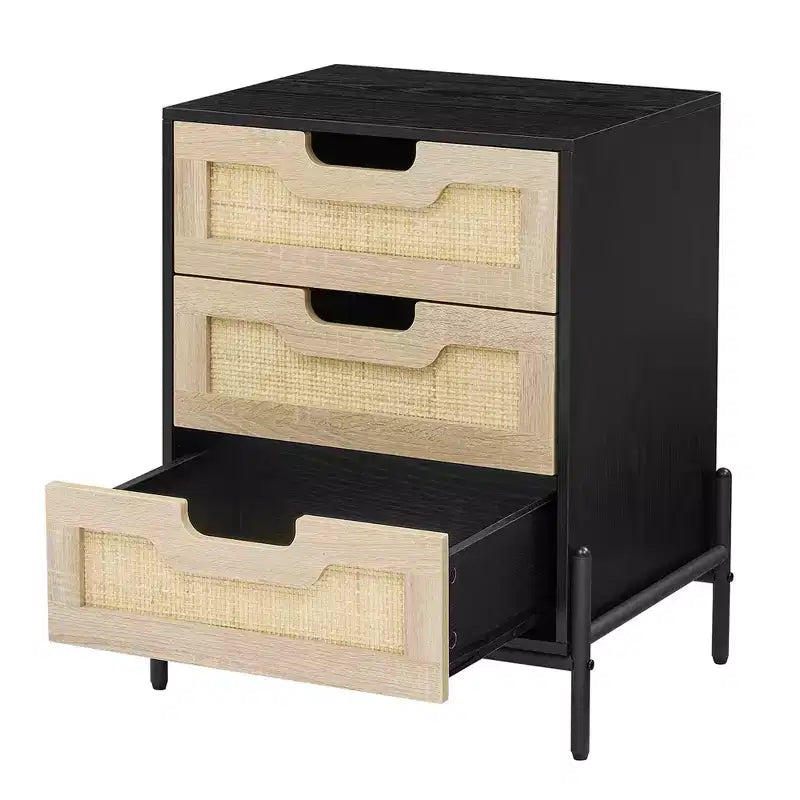 Lot de 2 tables de chevet en rotin avec 3 tiroirs, pieds en métal, table de chevet de style bohème-fermier, robuste pour petites chambres
