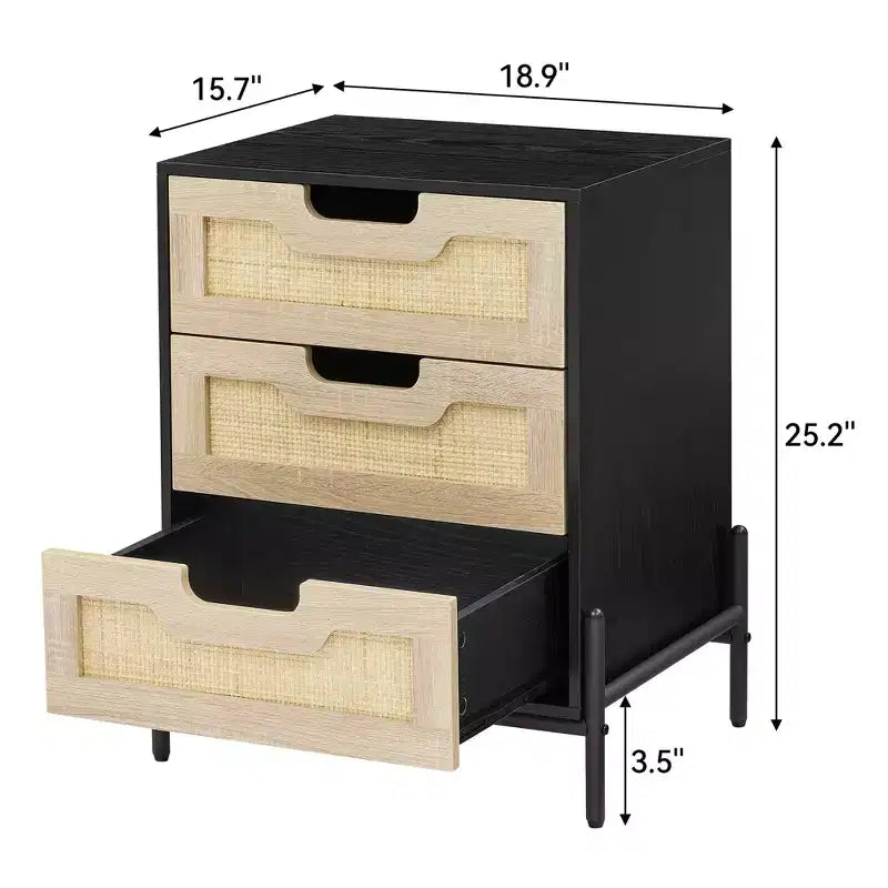 Lot de 2 tables de chevet en rotin avec 3 tiroirs, pieds en métal, table de chevet de style bohème-fermier, robuste pour petites chambres