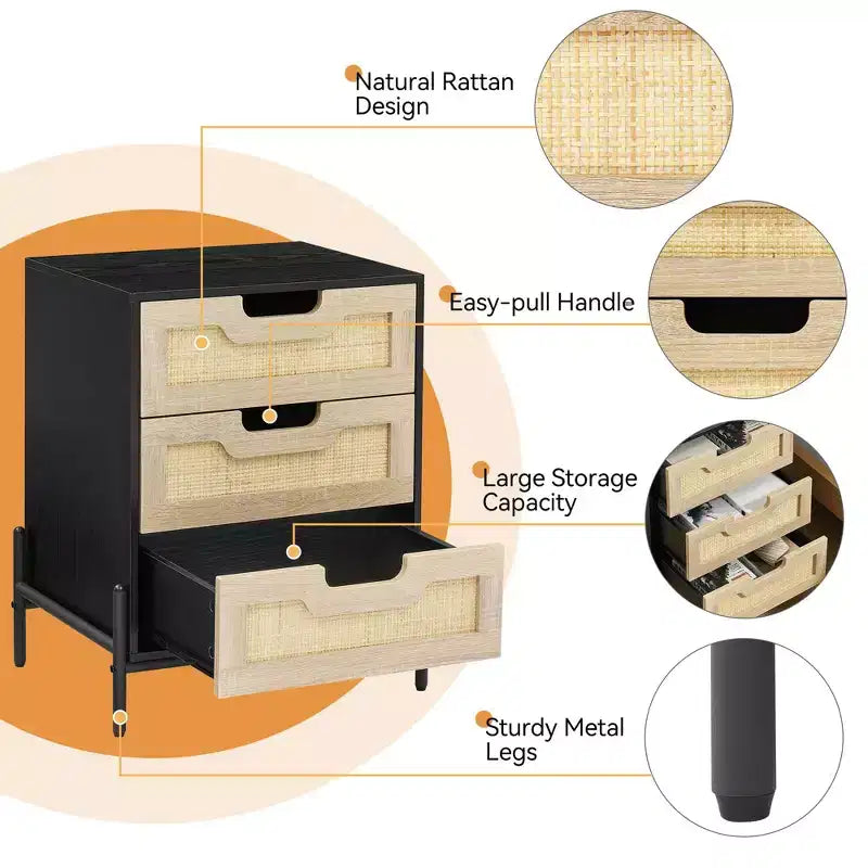 Lot de 2 tables de chevet en rotin avec 3 tiroirs, pieds en métal, table de chevet de style bohème-fermier, robuste pour petites chambres
