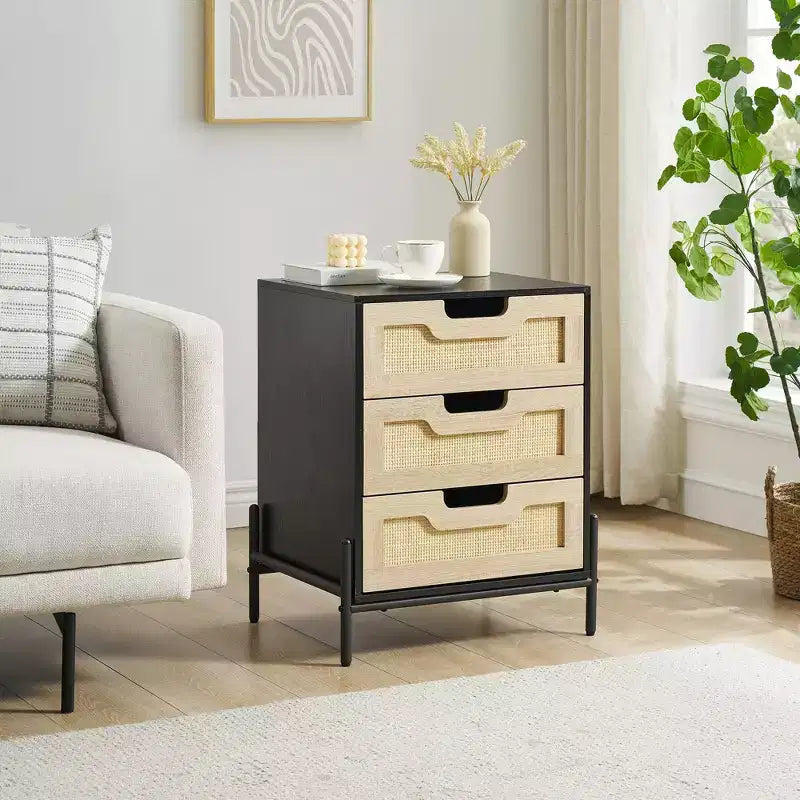 Lot de 2 tables de chevet en rotin avec 3 tiroirs, pieds en métal, table de chevet de style bohème-fermier, robuste pour petites chambres