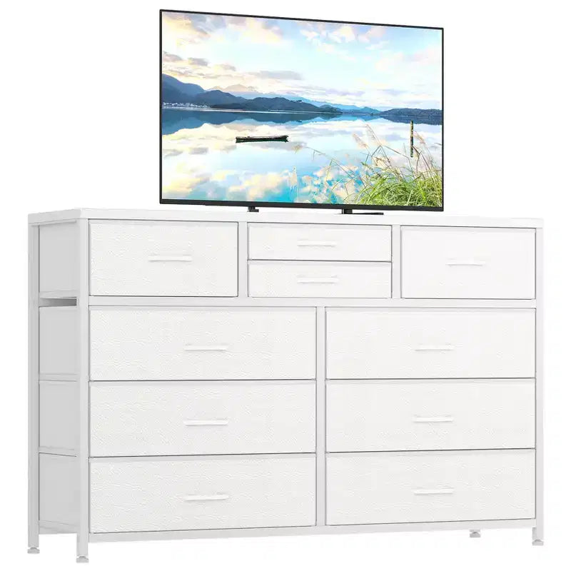 45 Modern 10-Drawer Dresser &amp; TV Stand with Wood Top, Metal Frame and Fabric Drawers for Bedroom, Living Room and Closet Organization