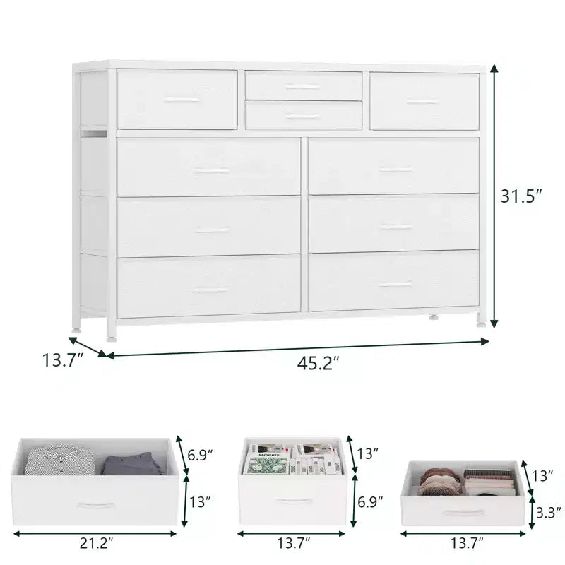 Commode/Meuble TV moderne à 10 tiroirs avec plateau en bois, cadre en métal et tiroirs en tissu pour chambre, salon et dressing