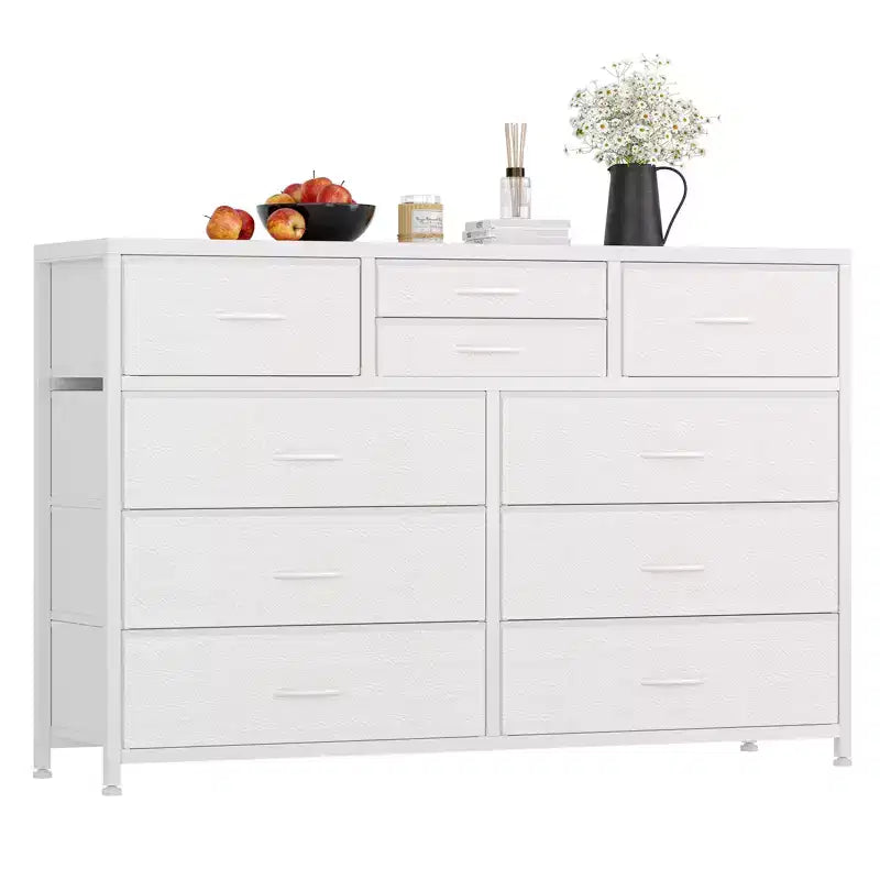 Commode/Meuble TV moderne à 10 tiroirs avec plateau en bois, cadre en métal et tiroirs en tissu pour chambre, salon et dressing
