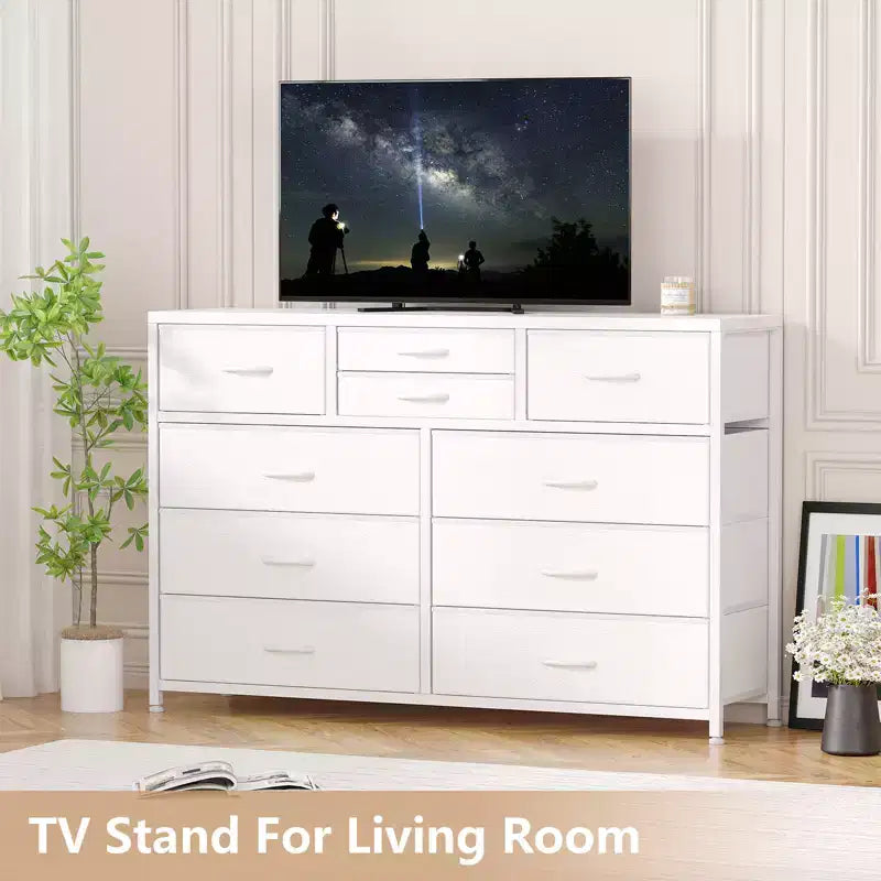 Commode/Meuble TV moderne à 10 tiroirs avec plateau en bois, cadre en métal et tiroirs en tissu pour chambre, salon et dressing