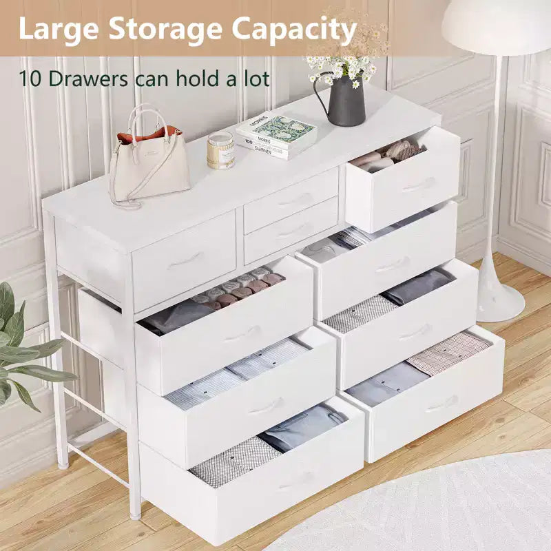 Commode/Meuble TV moderne à 10 tiroirs avec plateau en bois, cadre en métal et tiroirs en tissu pour chambre, salon et dressing