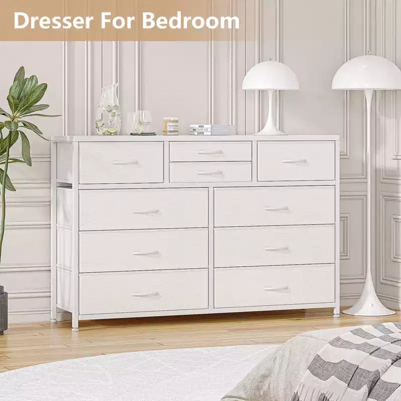 Commode/Meuble TV moderne à 10 tiroirs avec plateau en bois, cadre en métal et tiroirs en tissu pour chambre, salon et dressing