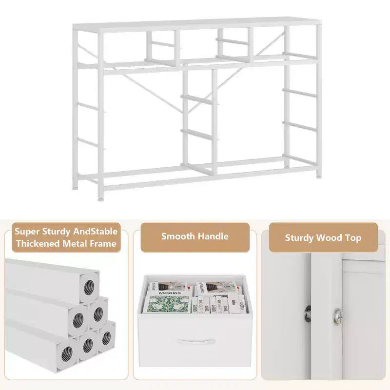 Commode/Meuble TV moderne à 10 tiroirs avec plateau en bois, cadre en métal et tiroirs en tissu pour chambre, salon et dressing