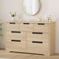 Minimalist 7-Drawer Bedroom Wardrobe, Natural Modern-Style Two-Door Storage Cabinet With Recessed Handles, Wood Construction