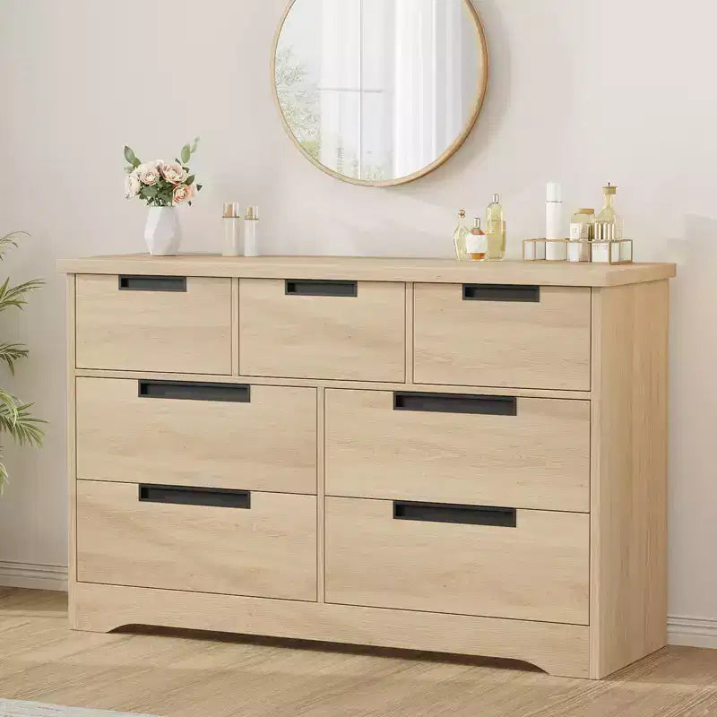 Minimalist 7-Drawer Bedroom Wardrobe, Natural Modern-Style Two-Door Storage Cabinet With Recessed Handles, Wood Construction