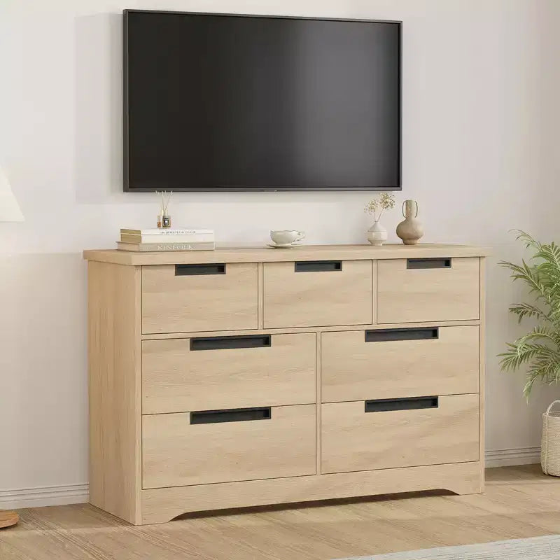 Armoire de chambre minimaliste à 7 tiroirs, meuble de rangement bicolore de style moderne avec poignées encastrées, construction en bois