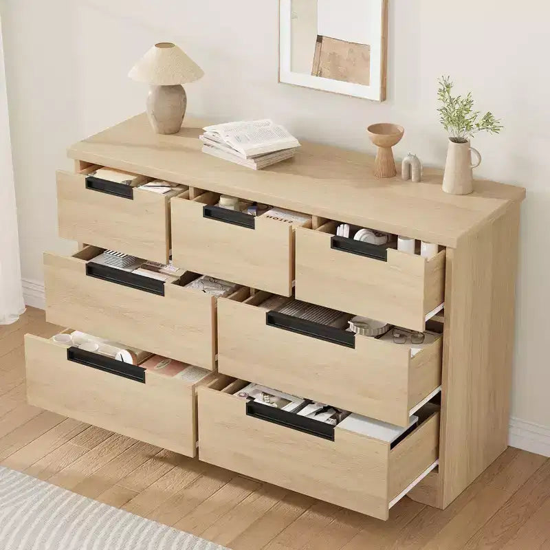 Armoire de chambre minimaliste à 7 tiroirs, meuble de rangement bicolore de style moderne avec poignées encastrées, construction en bois