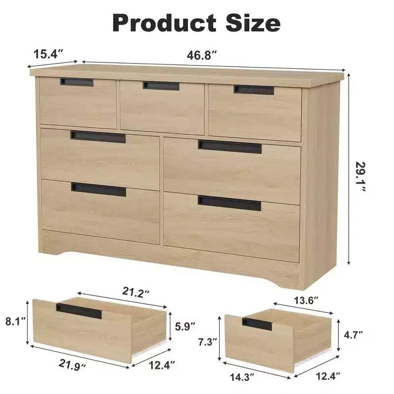 Armoire de chambre minimaliste à 7 tiroirs, meuble de rangement bicolore de style moderne avec poignées encastrées, construction en bois