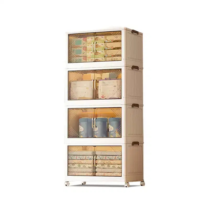 Storage Bins with Lid, 4-Tier Stackable Storage Boxes with Wheels, Foldable Front Door for Home Organization
