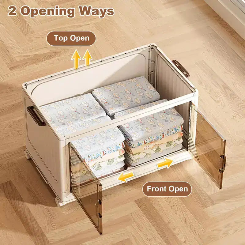 Bacs de rangement avec couvercle, boîtes de rangement empilables à 4 niveaux avec roues, porte avant pliable pour l'organisation de la maison