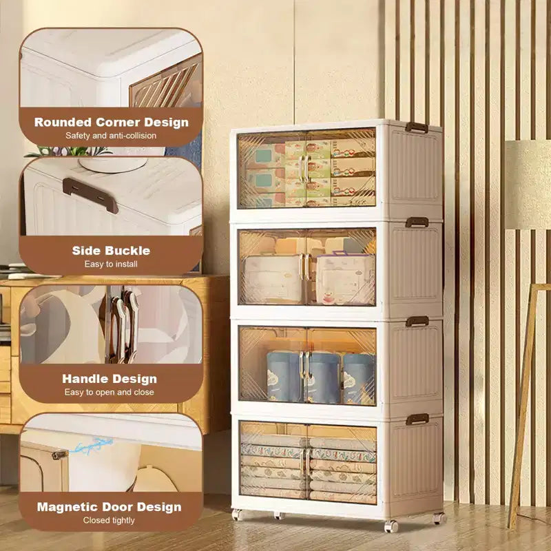 Bacs de rangement avec couvercle, boîtes de rangement empilables à 4 niveaux avec roues, porte avant pliable pour l'organisation de la maison