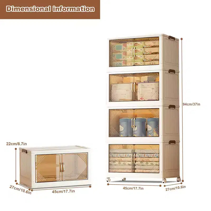 Bacs de rangement avec couvercle, boîtes de rangement empilables à 4 niveaux avec roues, porte avant pliable pour l'organisation de la maison