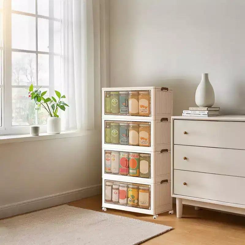 Bacs de rangement avec couvercle, boîtes de rangement empilables à 4 niveaux avec roues, porte avant pliable pour l'organisation de la maison