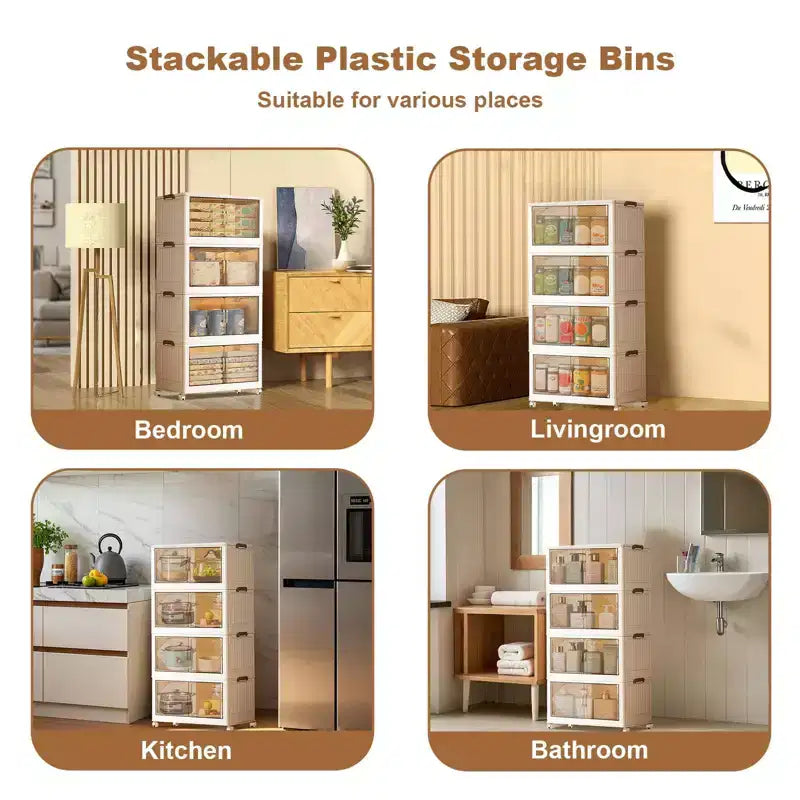 Bacs de rangement avec couvercle, boîtes de rangement empilables à 4 niveaux avec roues, porte avant pliable pour l'organisation de la maison