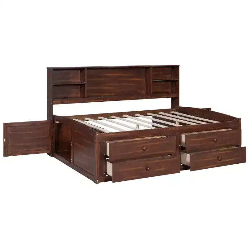 Lit Capitaine en Bois Grand Modèle avec Étagères de Rangement, 4 Tiroirs et 2 Armoires, Marron Antiqué