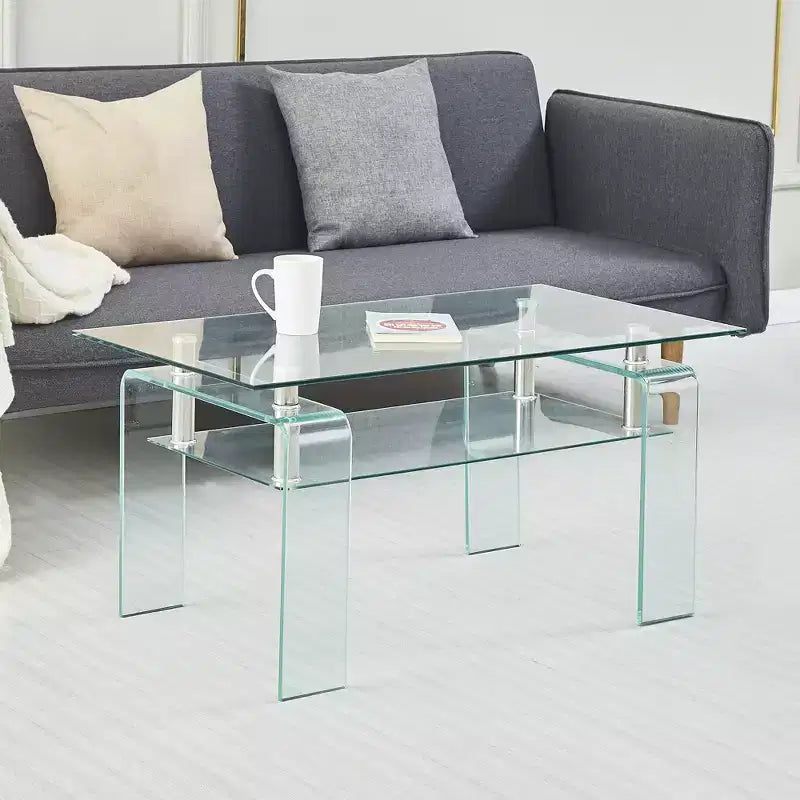 Rectangular Clear Glass Coffee Table, 2-Tier Modern Center Table with Storage for Living Room