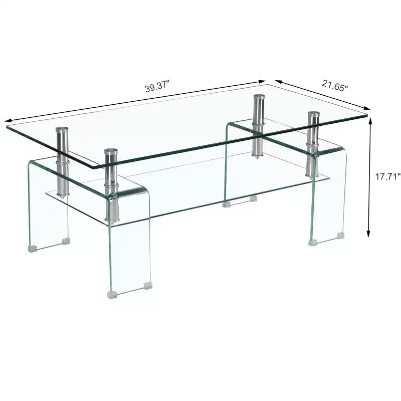 Table basse rectangulaire en verre transparent, table basse centrale moderne à 2 niveaux avec rangement pour salon