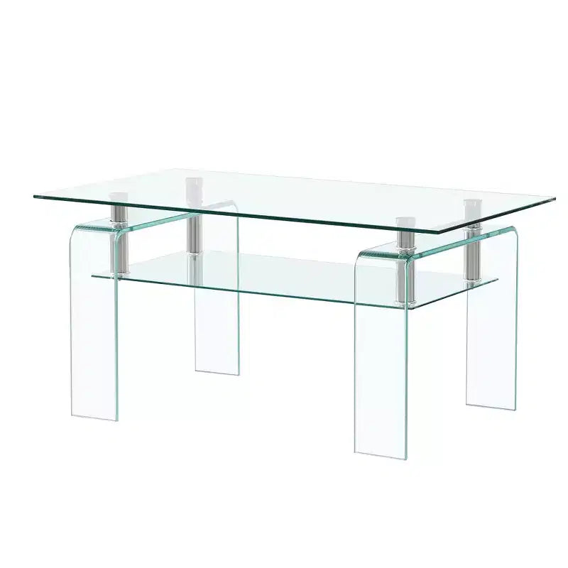 Table basse rectangulaire en verre transparent, table basse centrale moderne à 2 niveaux avec rangement pour salon