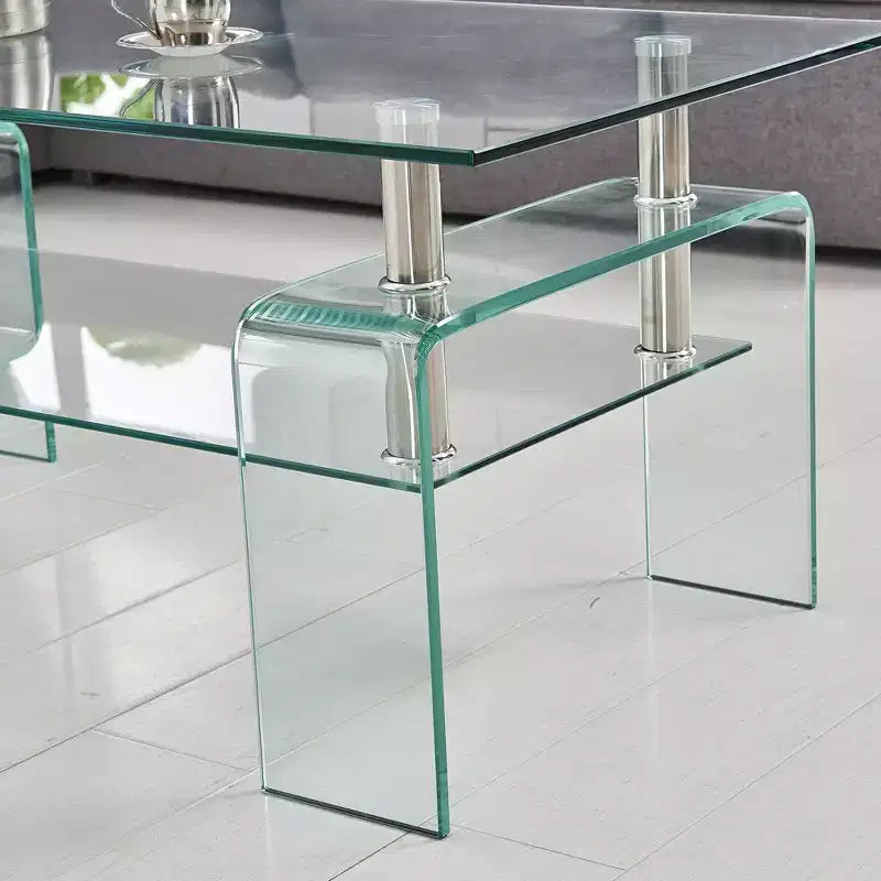 Table basse rectangulaire en verre transparent, table basse centrale moderne à 2 niveaux avec rangement pour salon