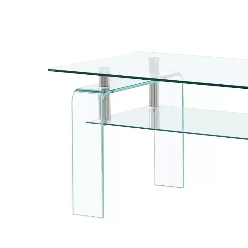 Table basse rectangulaire en verre transparent, table basse centrale moderne à 2 niveaux avec rangement pour salon